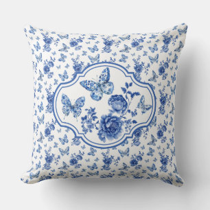 Coussin Vintage Chinoiserie Bleu Blanc Papillons Fleurs