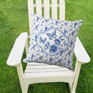 Coussin Vintage Chinoiserie Bleu Blanc Papillons Fleurs