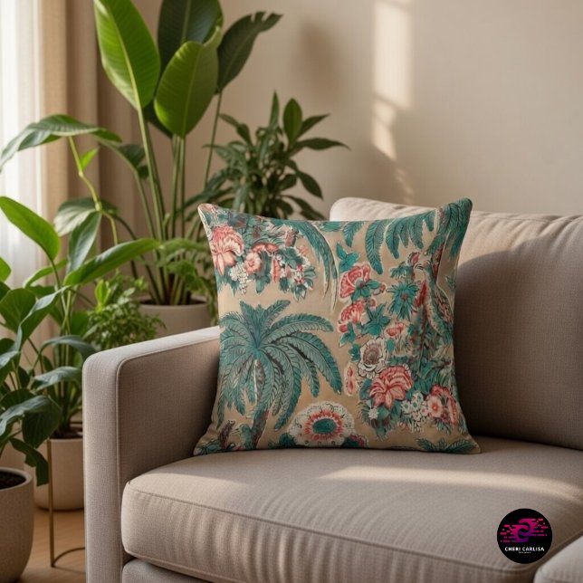 Coussin Vintage Chintz Floral Tropical Motif (A 1936 tropical chintz throw pillow bringing cozy florals and heritage charm to your space)
