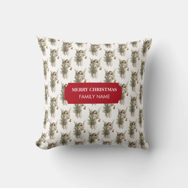 Coussin Vintage Christmas Angel & Tree Holiday Nom personn (Recto)