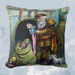 Coussin Vintage Christmas, Santa Claus Stockings with Toys<br><div class="desc">Vintage illustration Merry Christmas holiday design featuring a page from the book Santa Claus and His Works. Published by McLoughlin Brothers in 1889. The story tells of Santa's work making toys for all the good little boys and girls around the world. This Victorian Era image shows old jolly Saint Nicholas...</div>