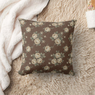 Coussin Vintage Cream Roses on Mocha Brown Pattern