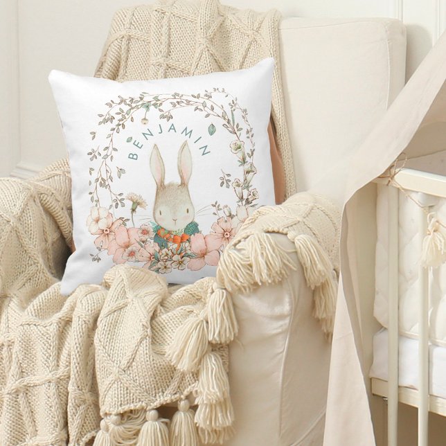 Coussin Vintage Cute Bunny Botanical Baby White (Créateur téléchargé)
