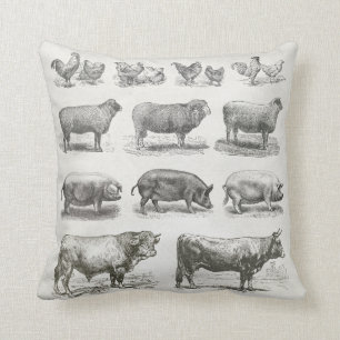 coussin Vintage d'animaux de ferme en blanc et gri