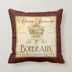 Coussin vintage d'art d'étiquette de vin françai