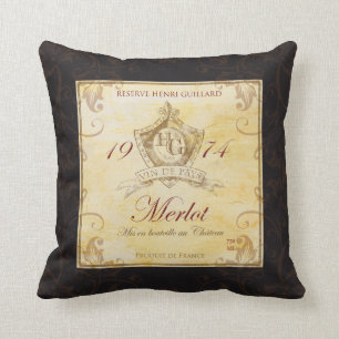 Coussin vintage d'art d'étiquette de vin françai