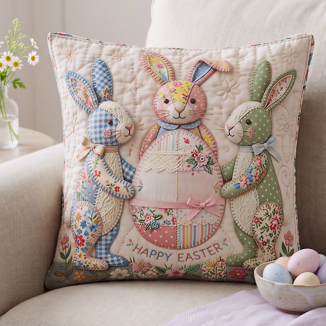 Coussin Vintage Easter Bunny Quilted Style Print (Créateur téléchargé)