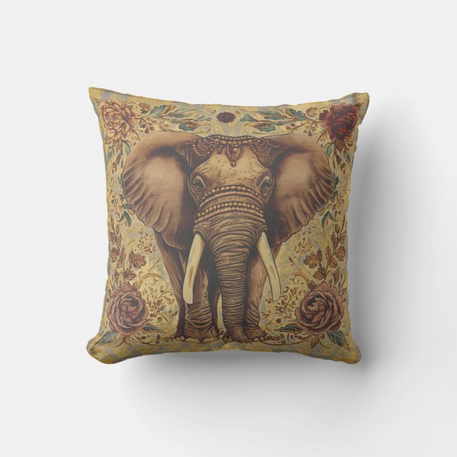 Coussin Vintage Elephant, Antique Elephant Flowers Pattern (Recto)
