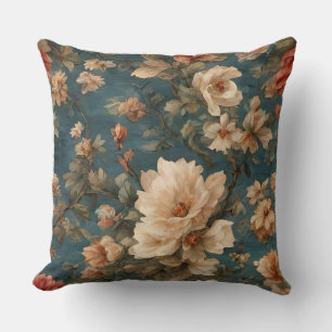 Coussin Vintage Exquis Blanc et Fleurs Rouges Corail Luxur