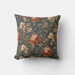 Coussin Vintage Exquis Blanc et Fleurs Rouges Corail Luxur