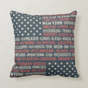 Coussin Vintage Faded American Flag State Noms Mots Art