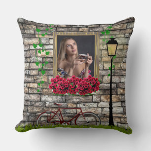 Coussin Vintage Fairytale Vélo Roses cadre photo fille