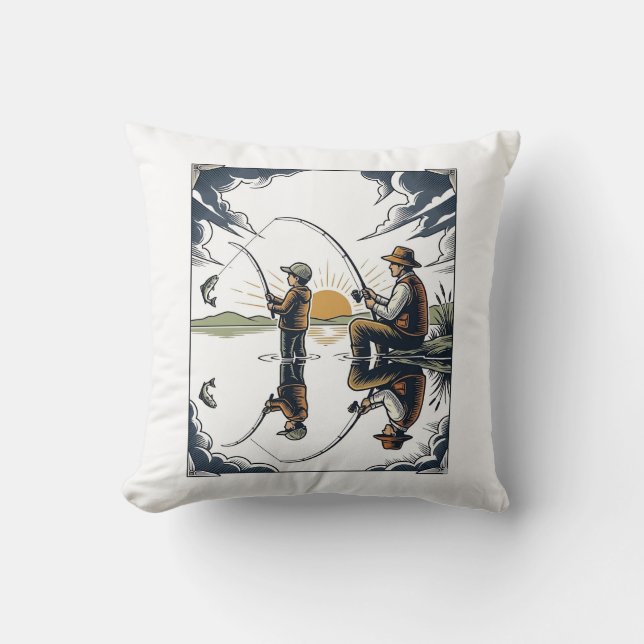 Coussin Vintage Father and Child Fishing Engraving Shirt D (Recto)