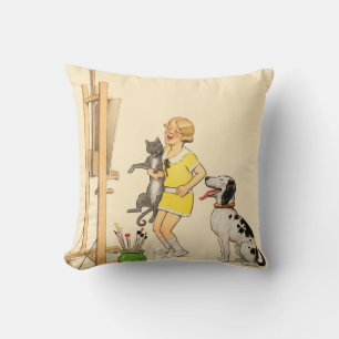 Coussin Vintage Fille Amusante, Chat de Chien Imprimer Geo