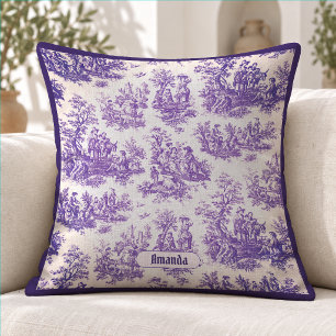 Coussin Vintage Fleur de Toile de Jouy Monogramme Violet F