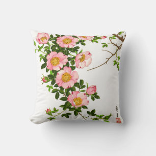 Coussin Vintage fleurs de cerises japonaises, rose et or