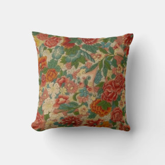 Coussin Vintage Floral Antique en Rouge, Vert & Or