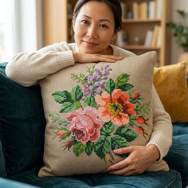 Coussin Vintage Floral Peach & Pink Flower Needlepoint (Créateur téléchargé)