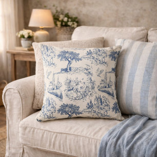Coussin Vintage français campagne "Toile de Jouy bleue"
