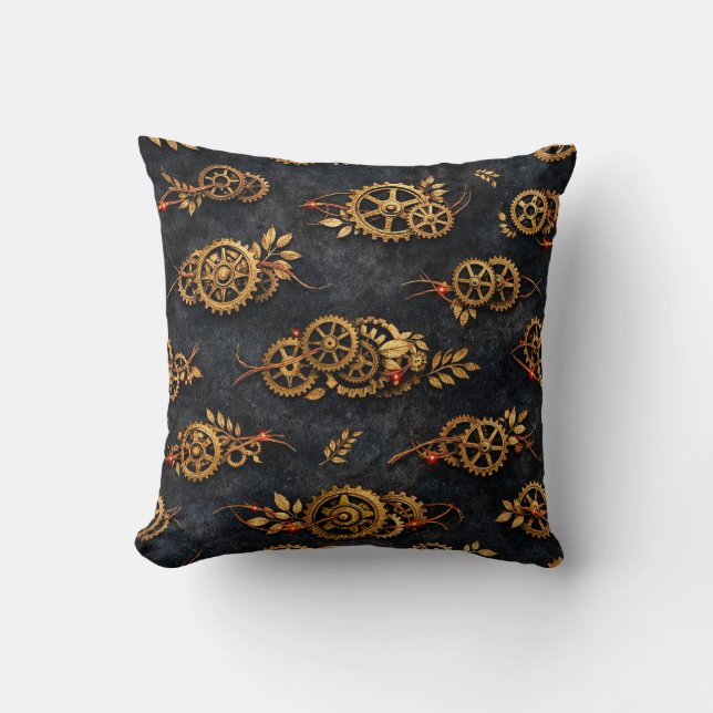 Coussin Vintage Gold Gears & Red Neon Mythic Cyberpunk  (Recto)