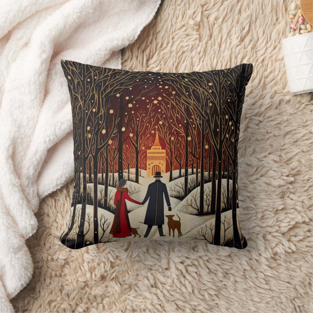 Coussin Vintage Gouache Couple d'hiver et église (Couverture)