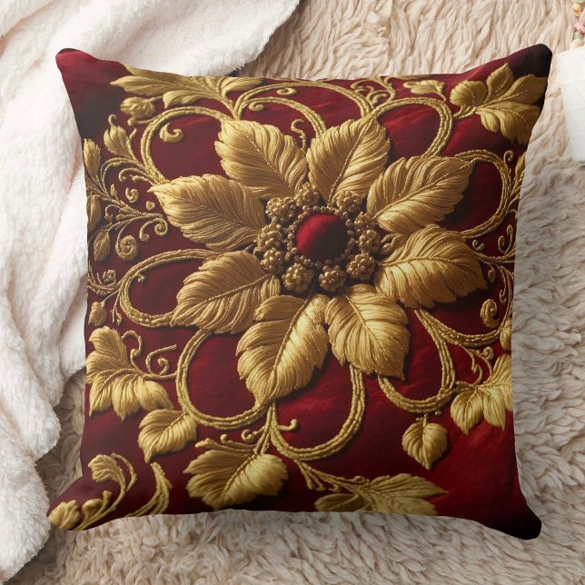 Coussin Vintage grande broderie Fleur look Rouge Or (Créateur téléchargé)