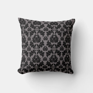 Coussin vintage gris foncé et noir damassé