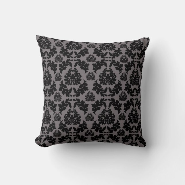 Coussin vintage gris foncé et noir damassé (Recto)