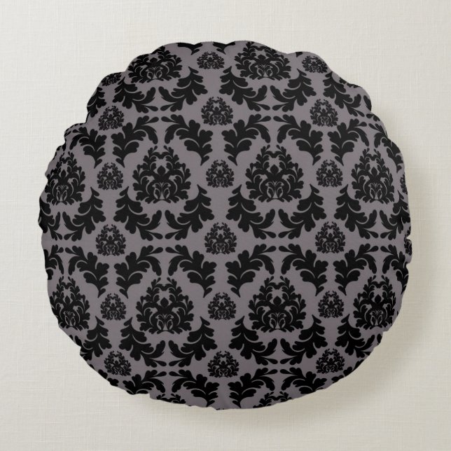 Coussin vintage gris foncé et noir damassé (Devant)
