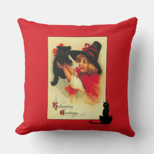 Coussin Vintage Halloween Kitten et Little Girl