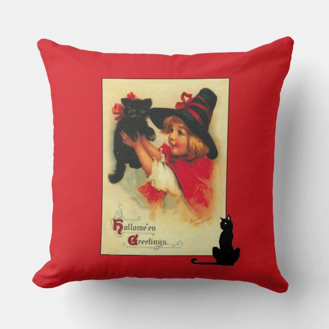 Coussin Vintage Halloween Kitten et Little Girl (Recto)