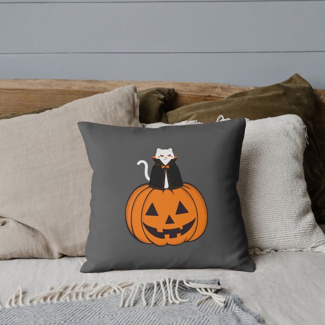 Coussin Vintage Halloween moderne Citrouille de chat Perso (Créateur téléchargé)