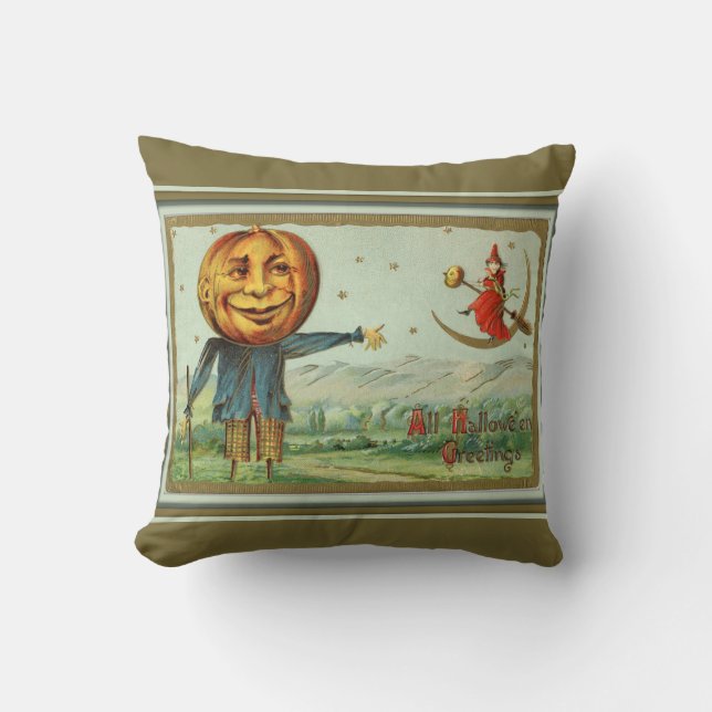 Coussin Vintage Halloween Scarecrow et Witch (Recto)