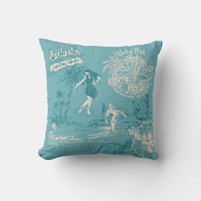 Coussin Vintage Hawaiian Travel Collage en Turquoise réver (Recto)