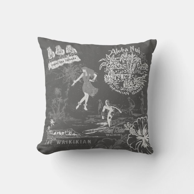 Coussin Vintage Hawaiian Travel Collage gris réversible (Recto)