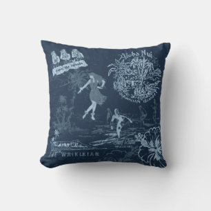 Coussin Vintage Hawaiian Travel Collage Indigo Reversible