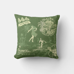 Coussin Vintage Hawaiian Travel Collage Olive Reversible