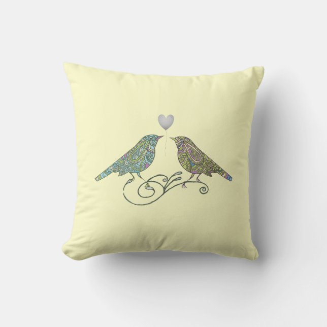 Coussin Vintage Inspiré Mignons Inséparables Jaune Vert Bl (Recto)