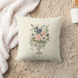 Coussin Vintage ivoire rose bleu mauve fleurs vertes