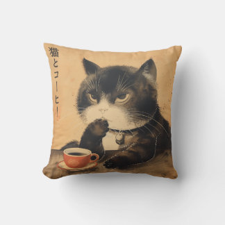 Coussin Vintage Japon art chat mignon avec une tasse de ca