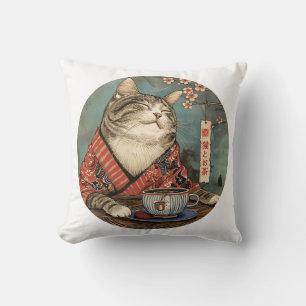 Coussin Vintage japonais art chat heureux avec une tasse d