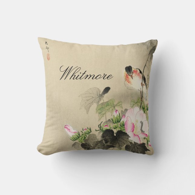 Coussin Vintage japonais Fleur rose d'oiseau Imprimer Pile (Recto)
