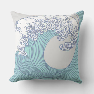 Coussin Vintage japonais Ukiyo-e art de vague de surf Blue