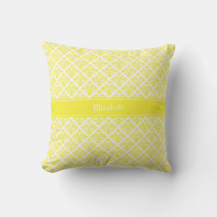 Coussin Vintage jaune blanc Damas #3 Nom jaune Monogramme