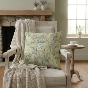 Coussin Vintage Jaune Élégant Monogramme Floral