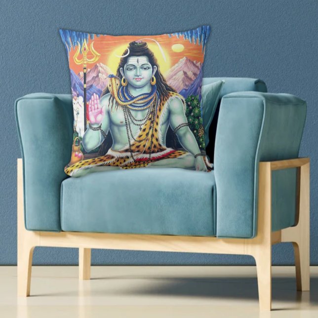 Coussin Vintage Lord Shiva Spirituel - Pacifique Samadhi (Vintage Lord Shiva with Trilusha Colorful Pillow on Aqua Chair, Hindu Diety)