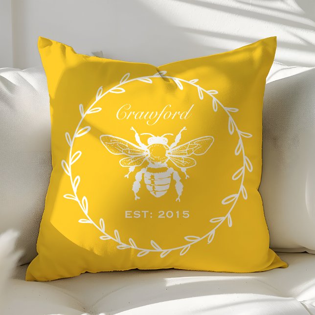Coussin Vintage Miel jaune Bee Laurel Honeycomb Monogramme (Créateur téléchargé)