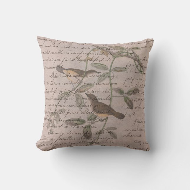 Coussin Vintage Moderne Oiseaux Français Rose (Recto)