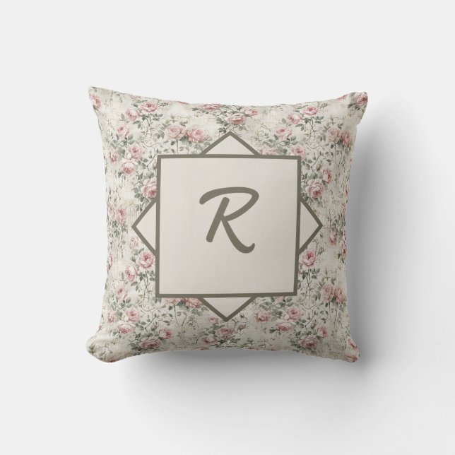 Coussin Vintage Monogramme Floral Rose Shabby Chic (Recto)