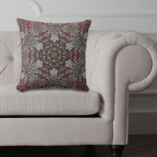 Coussin vintage motif damassé abstrait argent burgandy